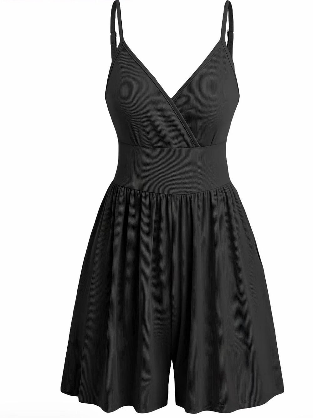 Black Sleeveless ribbed V-Neck Romper with pockets - Picture 1 of 5